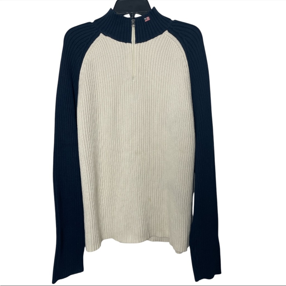 Vintage Polo Jeans Co Ralph Lauren Mens XXL Cream Navy Ribbed 1/4 Zip Sweater